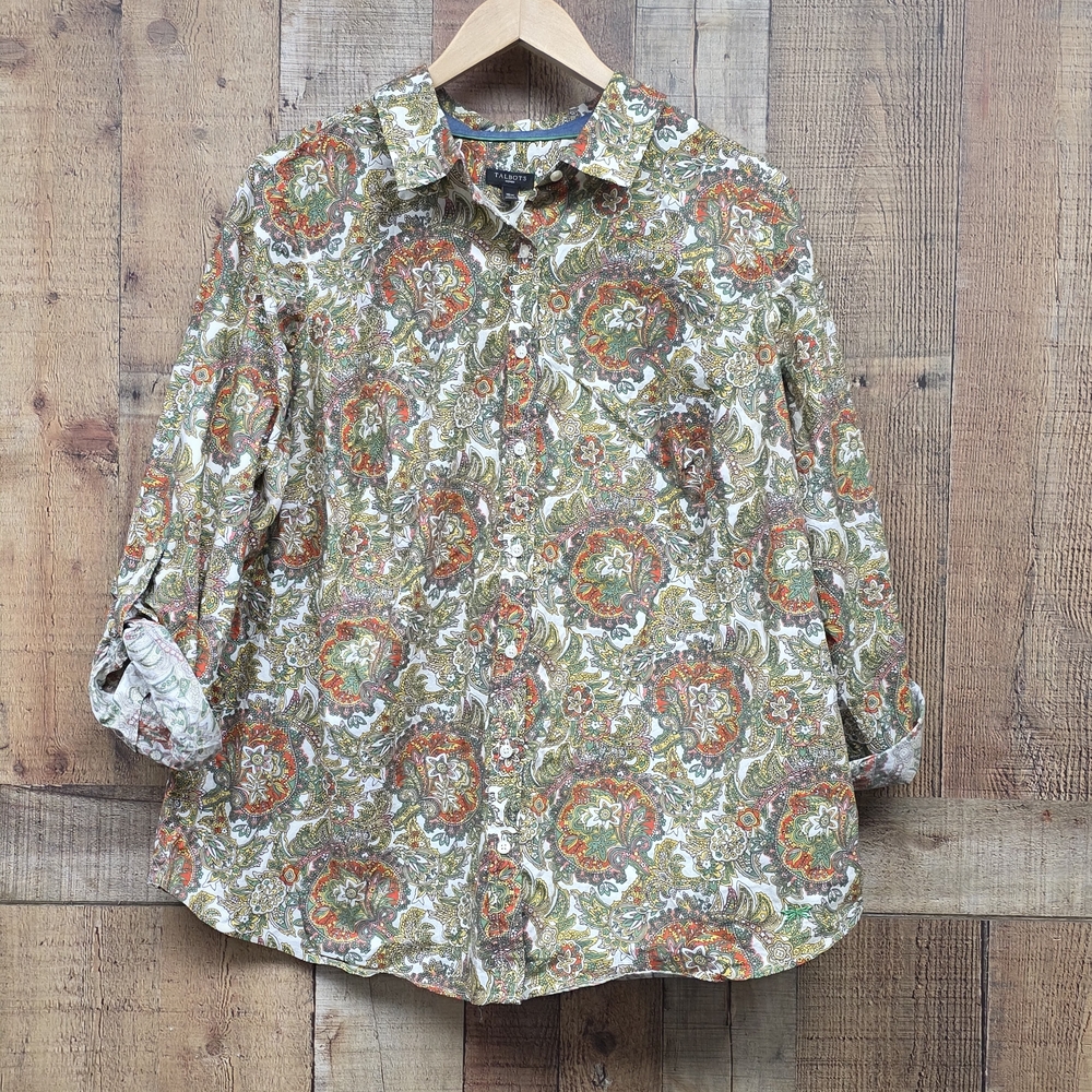 Talbots Women's Green Red Paisely 100% Cotton Roll Tab Sleeve Button Down Sz 16W